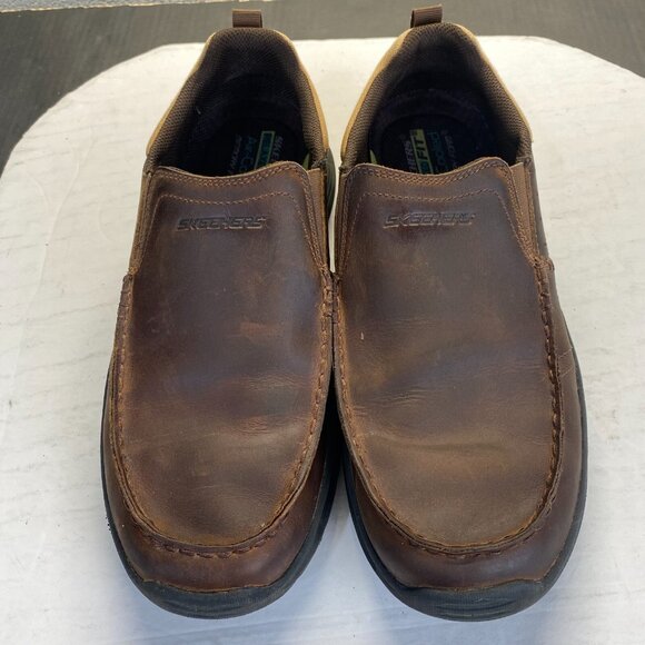 Skechers Shoes Relaxed Fit Seveno Mens Sz 11.5 Brown Leather‎ Slip On 66146 - Picture 1 of 16